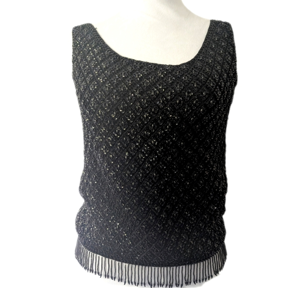 Vintage General Hand Beaded Elegant Black Going Out Top Hong Kong -S-